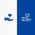 Charity, Donation, Giving, Hand, Love Line and Glyph Solid icon Blue banner Line and Glyph Solid icon Blue banner