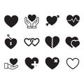 Charity and donation icon. Hands donating money and hearts. Community support icons