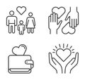 Charity and donation icons. Hands holding and giving heart. Volunteer community sharing money and love. Family adopting