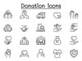 Charity & Donation icons set in thin line style vector illustration