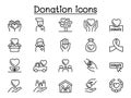 Charity & Donation icons set in thin line style