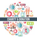 Charity and donation promo round emblem composed of symbolic icons