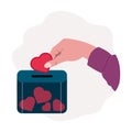 Charity donation put heart love in donation box. Hand donating by charity concept illustration, simple flat vector.