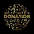 Charity and donations. Set with golden thin line icons on black background