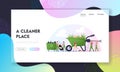Charity and Ecology Protection, Volunteering Landing Page Template. Characters Cleaning Garbage, Planting Plants at Yard