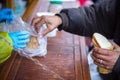 Charity. The fight against poverty. Volunteers handed out hot meals to people in need. Cold winter day in the big city