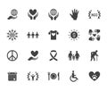 Charity flat glyph icons set. Donation, nonprofit organization, NGO, giving help vector illustrations. Signs for Royalty Free Stock Photo