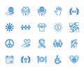 Charity flat line icons set. Donation, nonprofit organization, NGO, giving help vector illustrations. Outline signs for