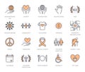 Charity flat line icons set. Donation, nonprofit organization, NGO, giving help vector illustrations. Outline signs for Royalty Free Stock Photo