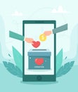 Charity fundraising application vector concept. Donation mobile app interface with heart and coin icon. Vector illustration in fla