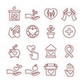 Charity giving, sponsorship, donation, humanitarian, money to child vector linear icons