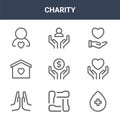 9 charity icons pack. trendy charity icons on white background. thin outline line icons such as blood donation, compassion,