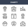 9 charity icons pack. trendy charity icons on white background. thin outline line icons such as letter, tribune, organ donation .