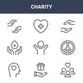 9 charity icons pack. trendy charity icons on white background. thin outline line icons such as people, peace, healing . charity