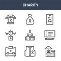 9 charity icons pack. trendy charity icons on white background. thin outline line icons such as school, cheque, donation . charity