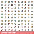 100 charity icons set, color line style Royalty Free Stock Photo