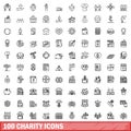 100 charity icons set, outline style