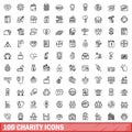 100 charity icons set, outline style