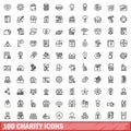 100 charity icons set, outline style