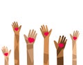 Charity illustration, hands raised up, holding hearts symbols