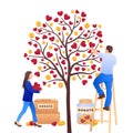 Charity illustration with man and woman who take care about heart tree