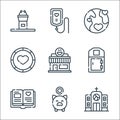 charity line icons. linear set. quality vector line set such as church, piggy bank, book, public toilet, lunchroom, donation,