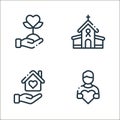 charity line icons. linear set. quality vector line set such as volunteer, home, church