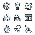 charity line icons. linear set. quality vector line set such as wheelchair, hearts, water pump, money, medicines, school, blood