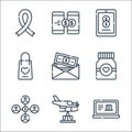 charity line icons. linear set. quality vector line set such as laptop, plane, donation, medicine, donation, shopping bag,