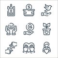 charity line icons. linear set. quality vector line set such as volunteer, care, kindness, plant, organ donation, happiness, peace