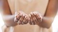 Charity, open hands and a praying woman in a christian worship church for spiritual wellness. Closeup of palms of an Royalty Free Stock Photo