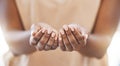 Charity, open hands and a praying woman in a christian worship church for spiritual wellness. Closeup of palms of an Royalty Free Stock Photo