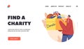 Charity Organization Landing Page Template. Volunteer with Donation Humanitarian Aid. Man Carry Box with Donating Things Royalty Free Stock Photo