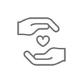 Charity, organs donation, heart protection line icon.