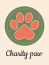 Charity paw. Paw of a cat or dog on a pink vertical banner. Animal care. Symbol of helping animals in shelters.