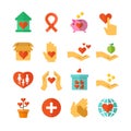 Charity, social help, money donate, nonprofit funding, generous hands vector icons