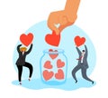 Charity. Support people, social donations, man and woman volunteers put heart in jar, team help and sharing hope Royalty Free Stock Photo