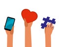 Charity symbol, human hands hold heart, smartphone and hashtag isolated