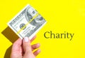 CHARITY Text Female hand holding dollars close up. Money currency. Online shopping. Giving money. Business budget of wealth and