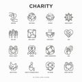 Charity thin line icons set: donation, save world, reunion, humanitarian aid, ribbon, medical support, charity to disabled people