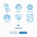 Charity thin line icons set: donation, save world, reunion, life saving, volunteers. Modern vector illustration