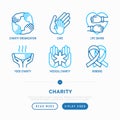 Charity thin line icons set: organization, care, life saving, food charity, ribbons, medical support. Vector illustration