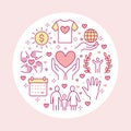 Charity vector circle banner with flat line icons. Donation, nonprofit organization, NGO, giving help illustration Royalty Free Stock Photo