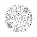 Charity vector circle banner with flat line icons. Donation, nonprofit organization, NGO, giving help illustration Royalty Free Stock Photo