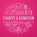 Charity vector circle banner with flat line icons. Donation, nonprofit organization, NGO, giving help illustration