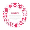 Charity vector circle banner with flat silhouette icons. Donation, nonprofit organization, NGO, giving help illustration