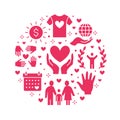 Charity vector circle banner with flat silhouette icons. Donation, nonprofit organization, NGO, giving help illustration