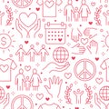 Charity vector seamless pattern with flat line icons. Donation, nonprofit organization, NGO, giving help illustrations Royalty Free Stock Photo