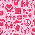 Charity vector seamless pattern with flat silhouette icons. Donation, nonprofit organization, NGO illustrations. Pink