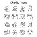 Charity, volunteer,sympathy & helping icon set in thin line style